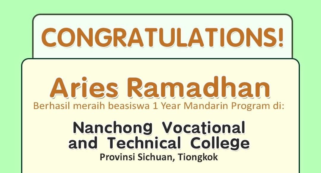 Congratulations! Aries Ramadhan - Beasiswa 1 Year Mandarin
