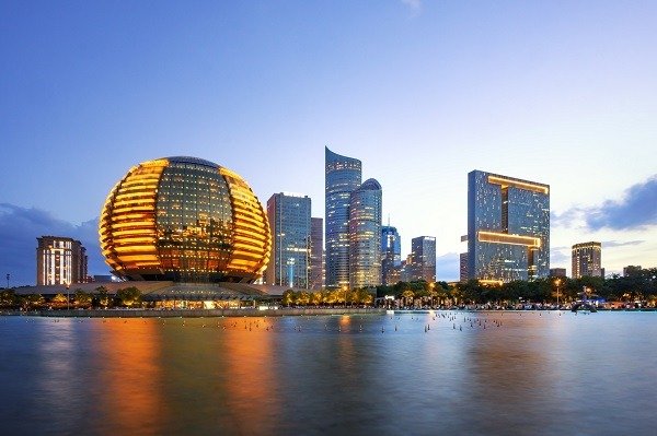 Panoramic view of Hangzhou’s modern skyline and nature blend